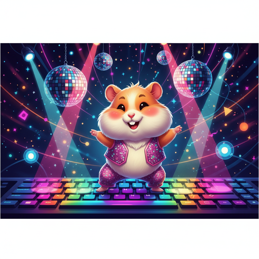 Cartoon illustration of a cute hamster dancing on top of a computer keyboard, disco lights style