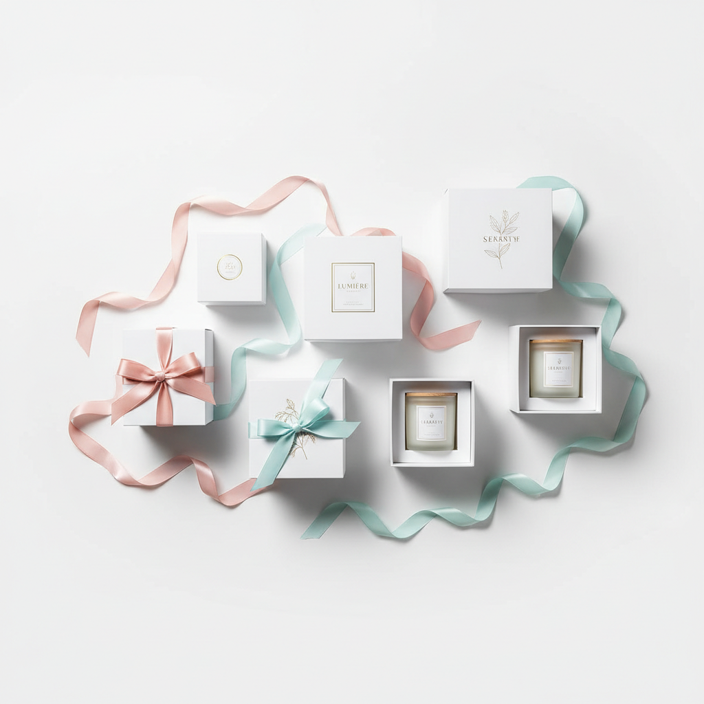 Luxury candle packaging design mockups, white boxes with minimal gold foil text, pastel satin ribbons, flat lay photography on white surface