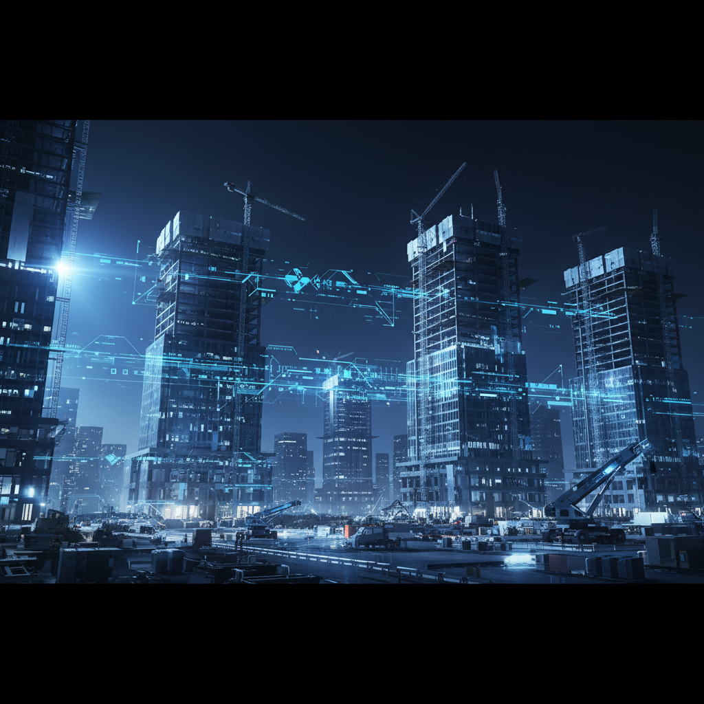 Modern futuristic construction site at night with digital blue data streams connecting buildings, cinematic lighting, corporate business style, high quality