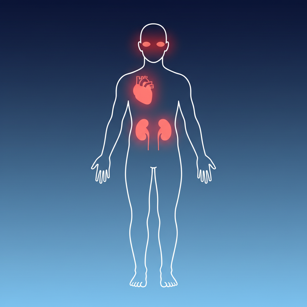 clean outline of human body with heart, eyes, kidneys, and feet highlighted in soft red, vector graphics style
