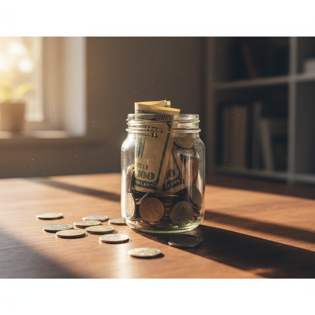 clear glass jar full of dollar bills and coins on a wooden table, cinematic lighting