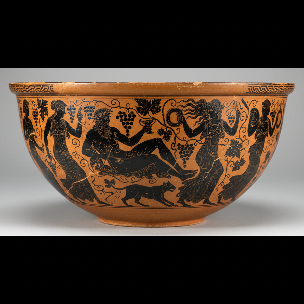 Ancient Greek vase painting depicting Dionysus and maenads, orange and black figures, historical artifact style