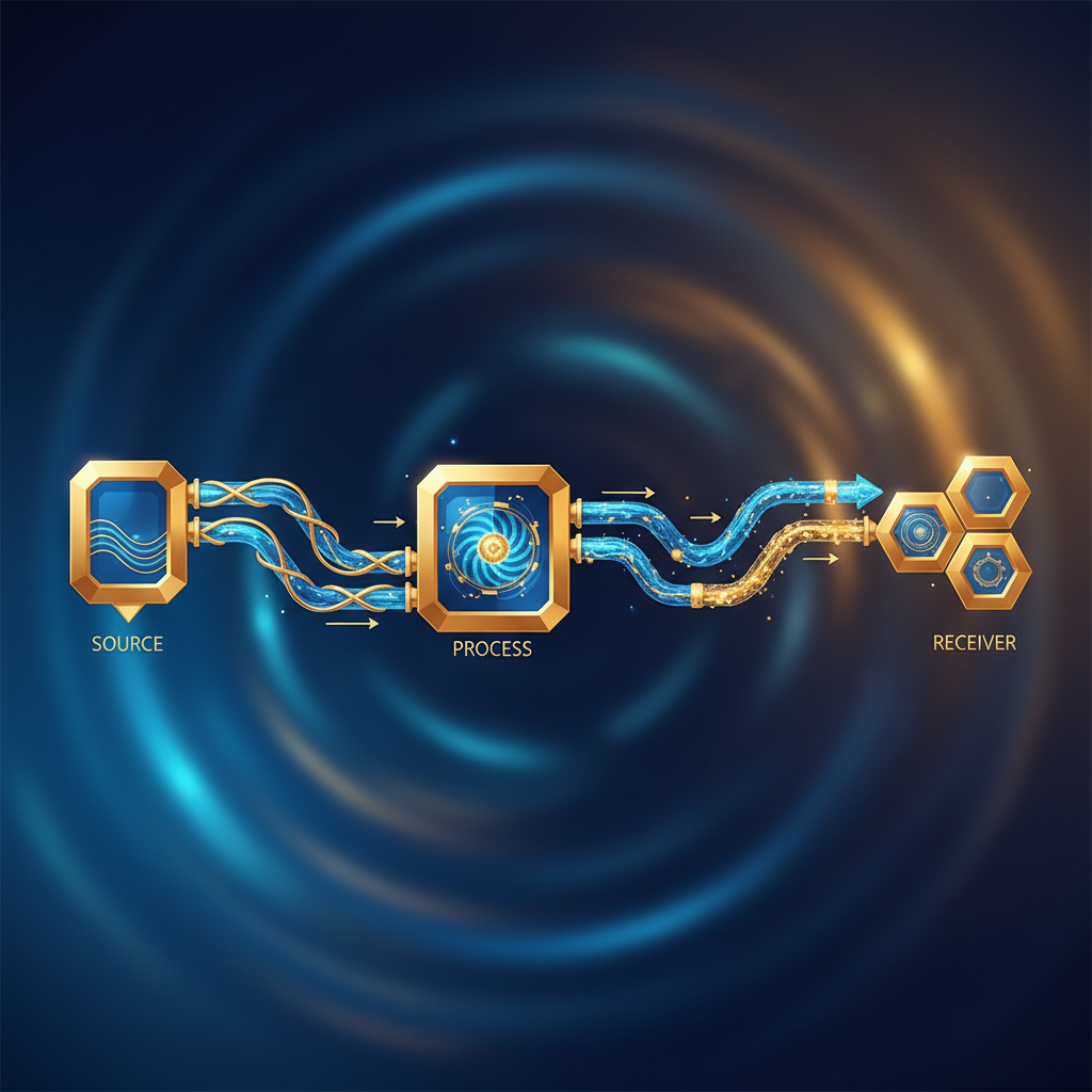 abstract flowchart showing flow of liquid or energy from one container to another, connected pipes, blue and gold, modern