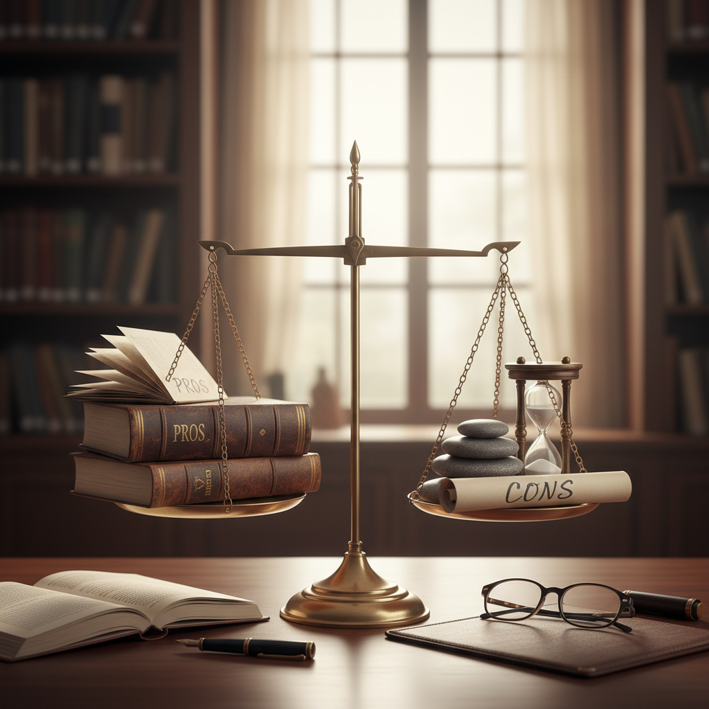 balance scale on a desk, concept of weighing pros and cons, sober academic style