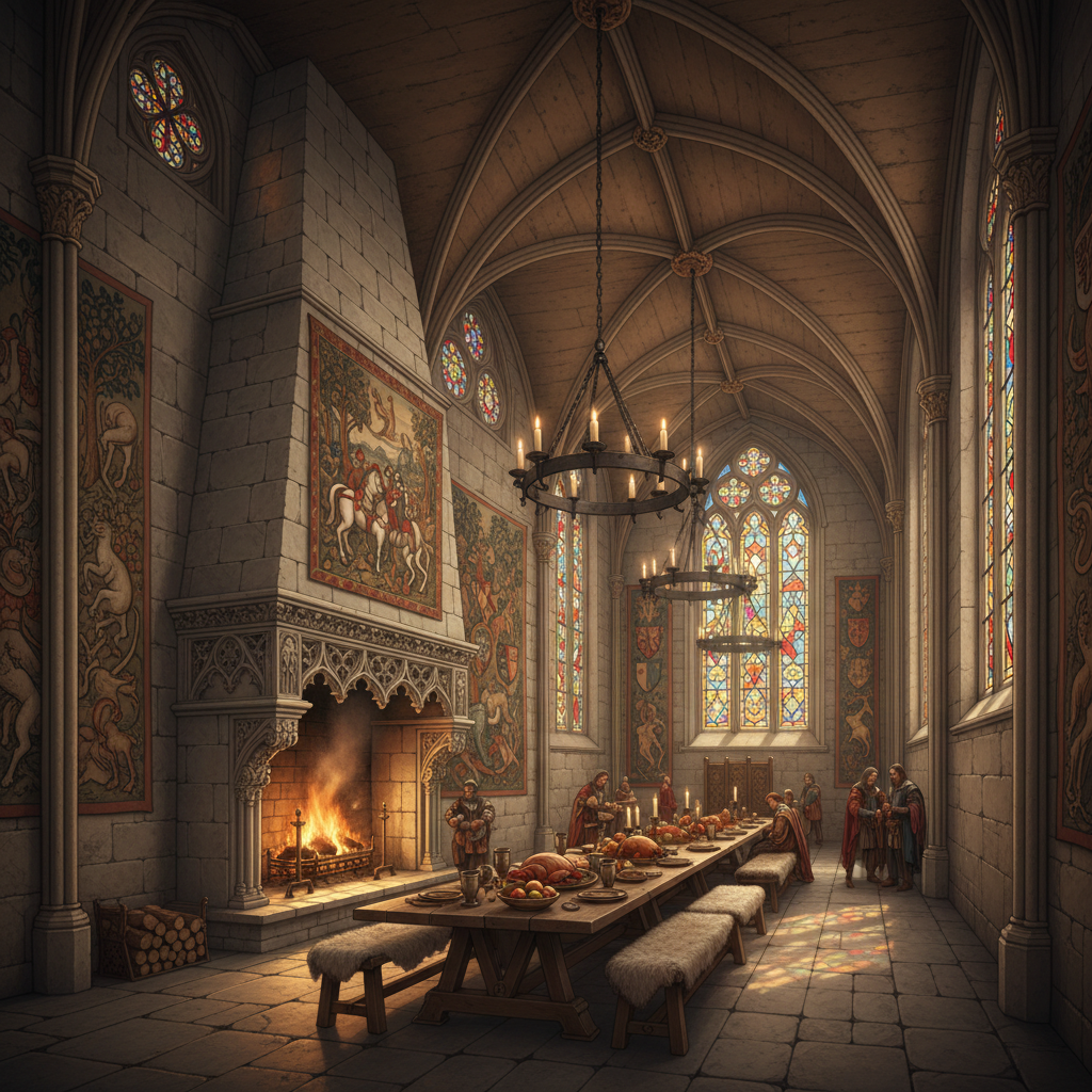 interior of medieval gothic castle palace, large fireplace, tapestries, banquet table, 14th century, Illustration