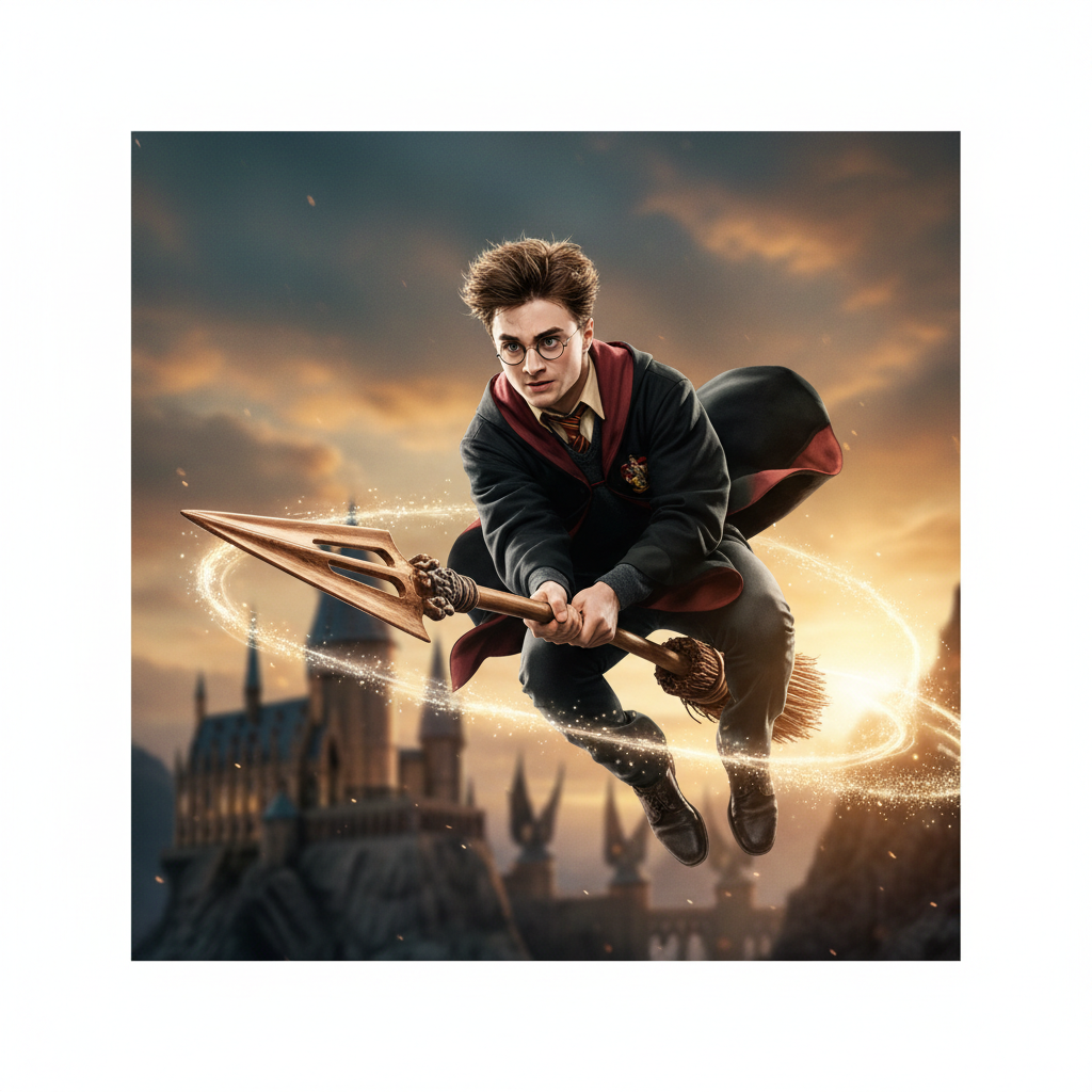 Harry Potter holds Firebolt broom ending scene