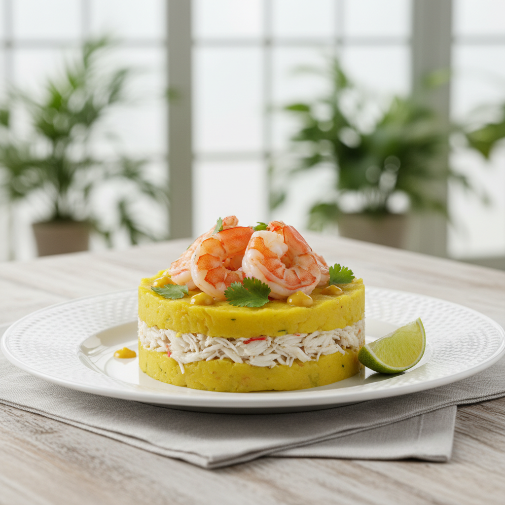Seafood Causa Limeña filled with crab meat (pulpa de cangrejo) and topped with a shrimp, elegant plating style, bright airy lighting