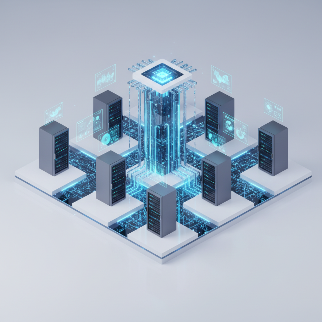 futuristic isometric server room with glowing blue digital connections, 3d render, minimalist style