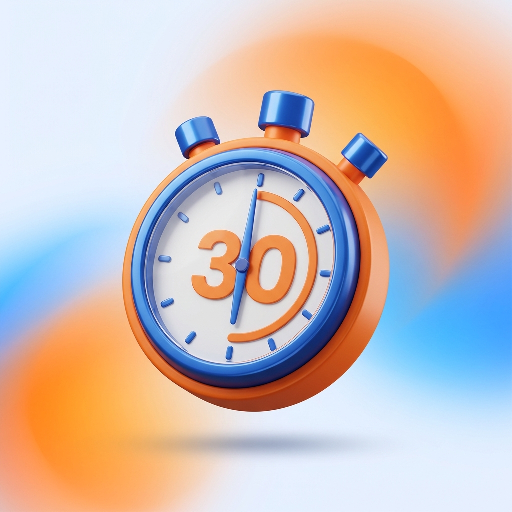 3d render illustration of a clock or stopwatch showing 30 minutes, energetic colors like orange and blue