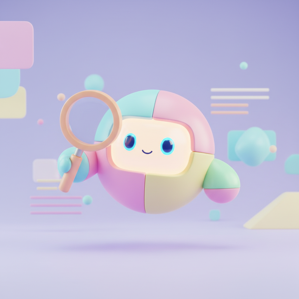 3d render of a cute friendly floating robot character holding a magnifying glass, soft lighting, vibrant pastel colors, toy-like texture, modern tech illustration style