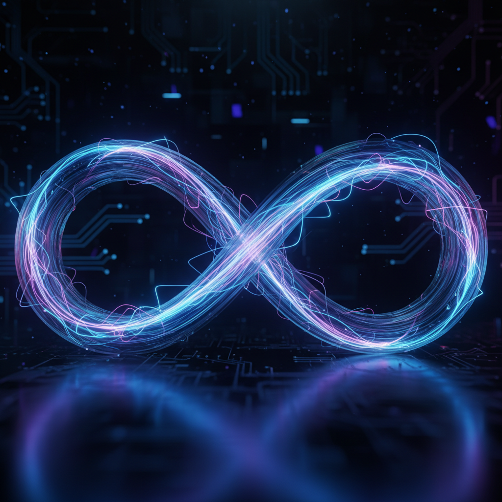 Infinity loop symbol made of fiber optic cables, glowing blue and violet data streams, dark tech background