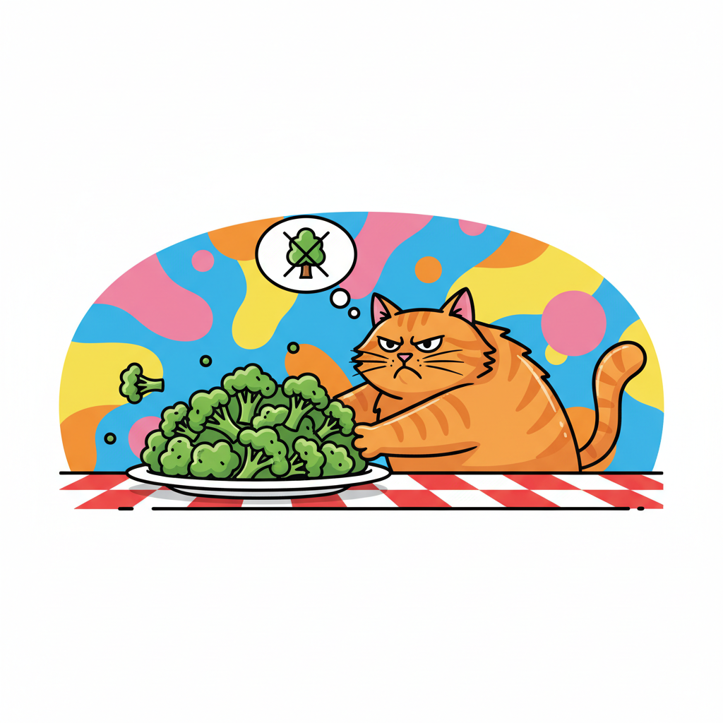 A funny cartoon illustration of a grumpy cat pushing away a plate of broccoli, bright colors