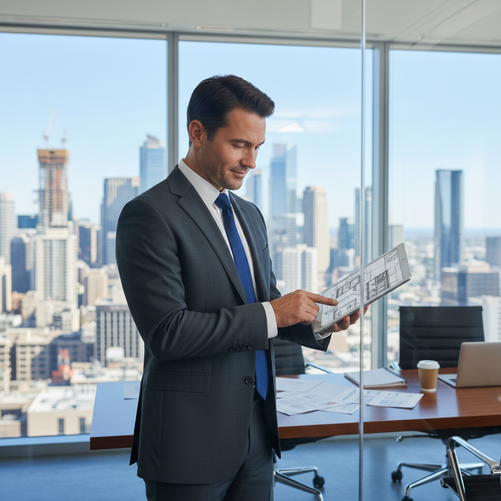 Portrait of a busy commercial director in a modern glass office, looking confidently at a tablet with construction plans, 40 years old, professional business attire, photorealistic