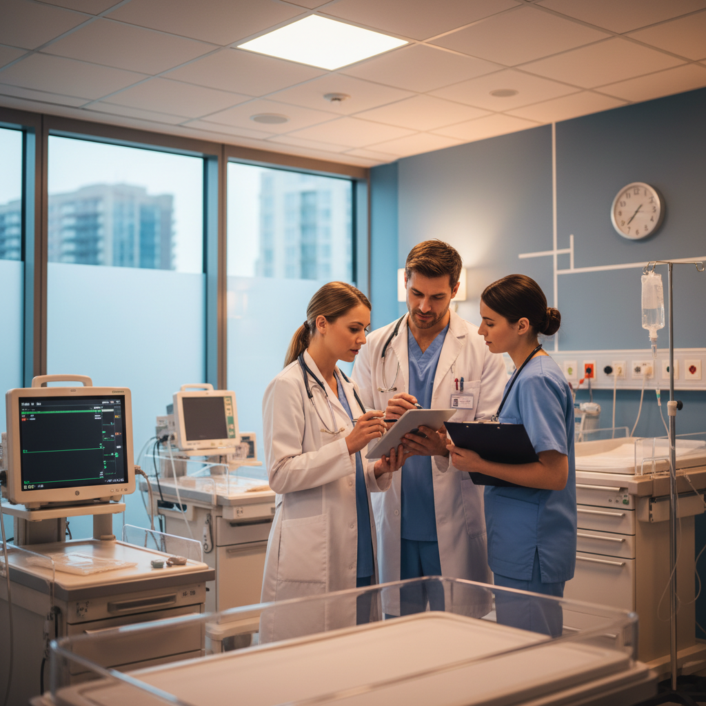 medical team discussing patient chart in labor and delivery ward, professional photography