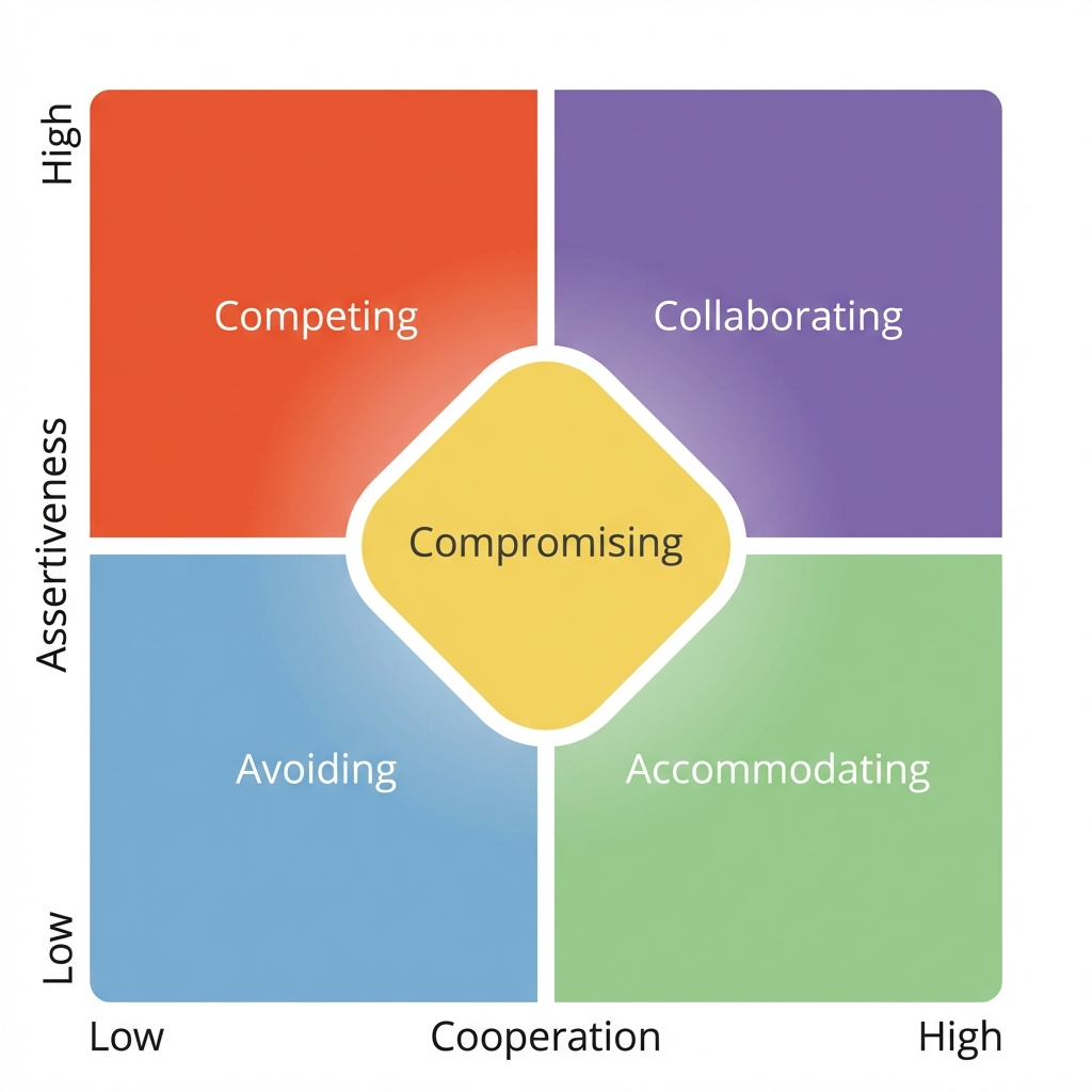 2x2 matrix diagram, grid layout. Axis X: Cooperation, Axis Y: Assertiveness. 5 zones with different colors. Clean flat design