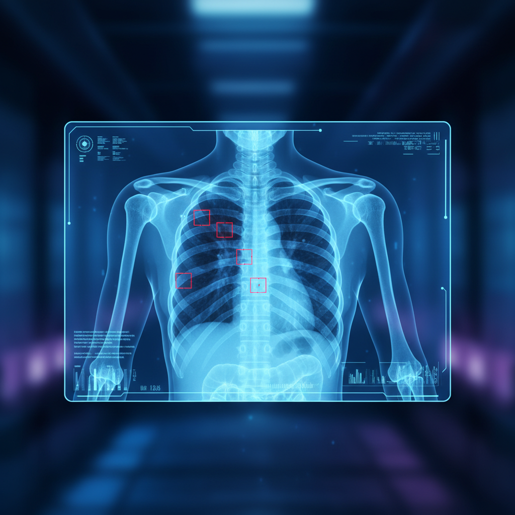 futuristic chest X-ray digital scan on a screen with red targeting boxes highlighting a small area, blue interface