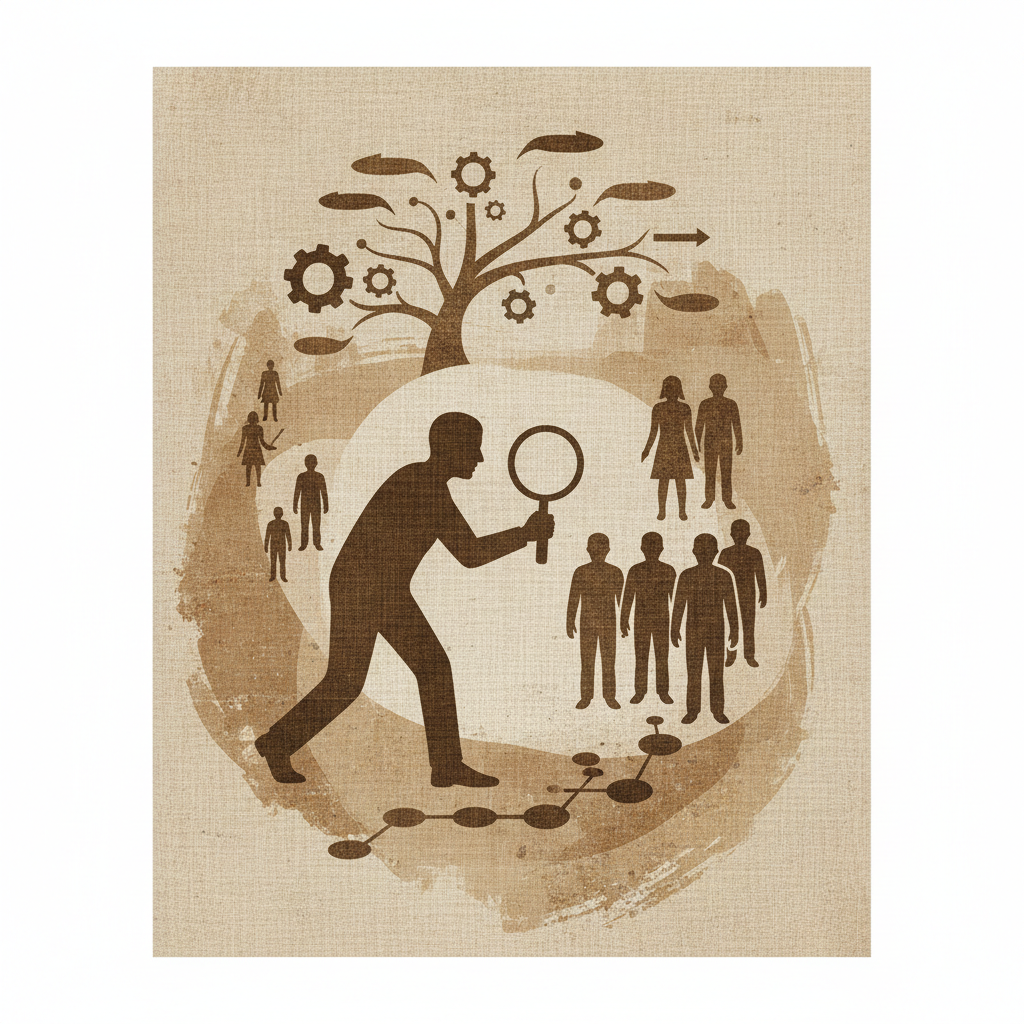Conceptual illustration of behavior analysis, silhouettes, brown and beige palette, textured