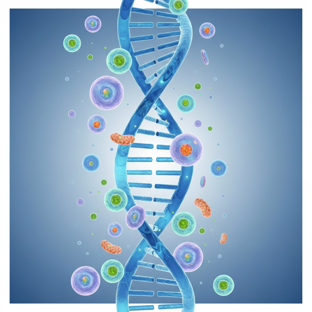 abstract medical background with blue DNA strands or cell biology illustration