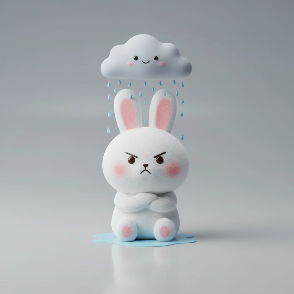 Kawaii bunny sitting on floor crossing arms, looking grumpy, with a small cute raincloud raining over his head, grey background