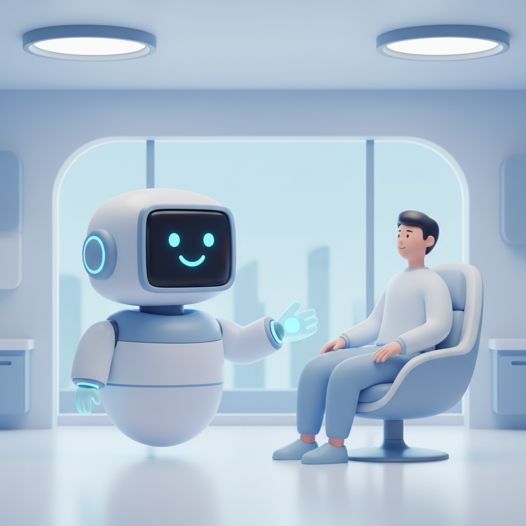 A friendly modern illustration of a digital doctor robot helping a human patient, soft blue and white color palette, 3d render style, minimalist
