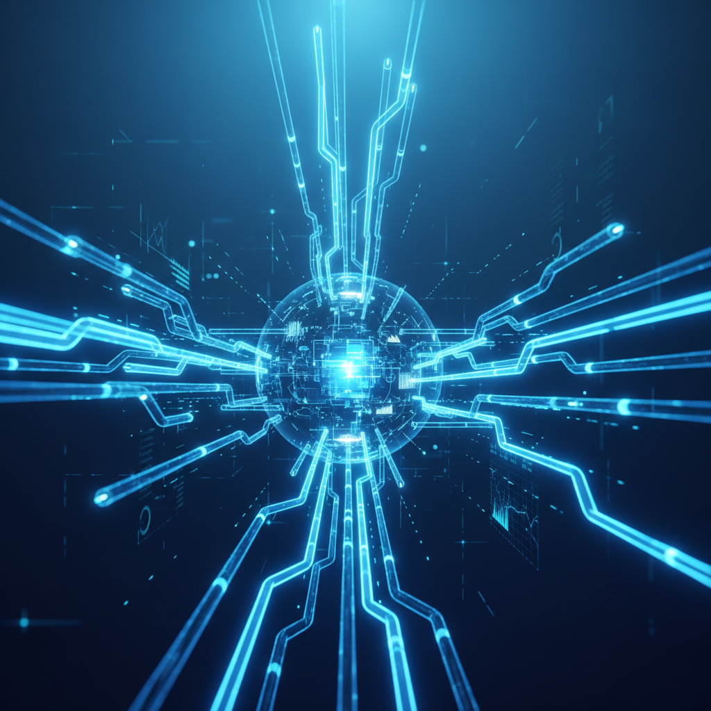 Abstract digital infrastructure pipes in Air France KLM colors (Navy Blue, Red, White, Light Blue) connecting to a central analytics hub, modern high tech, clean background