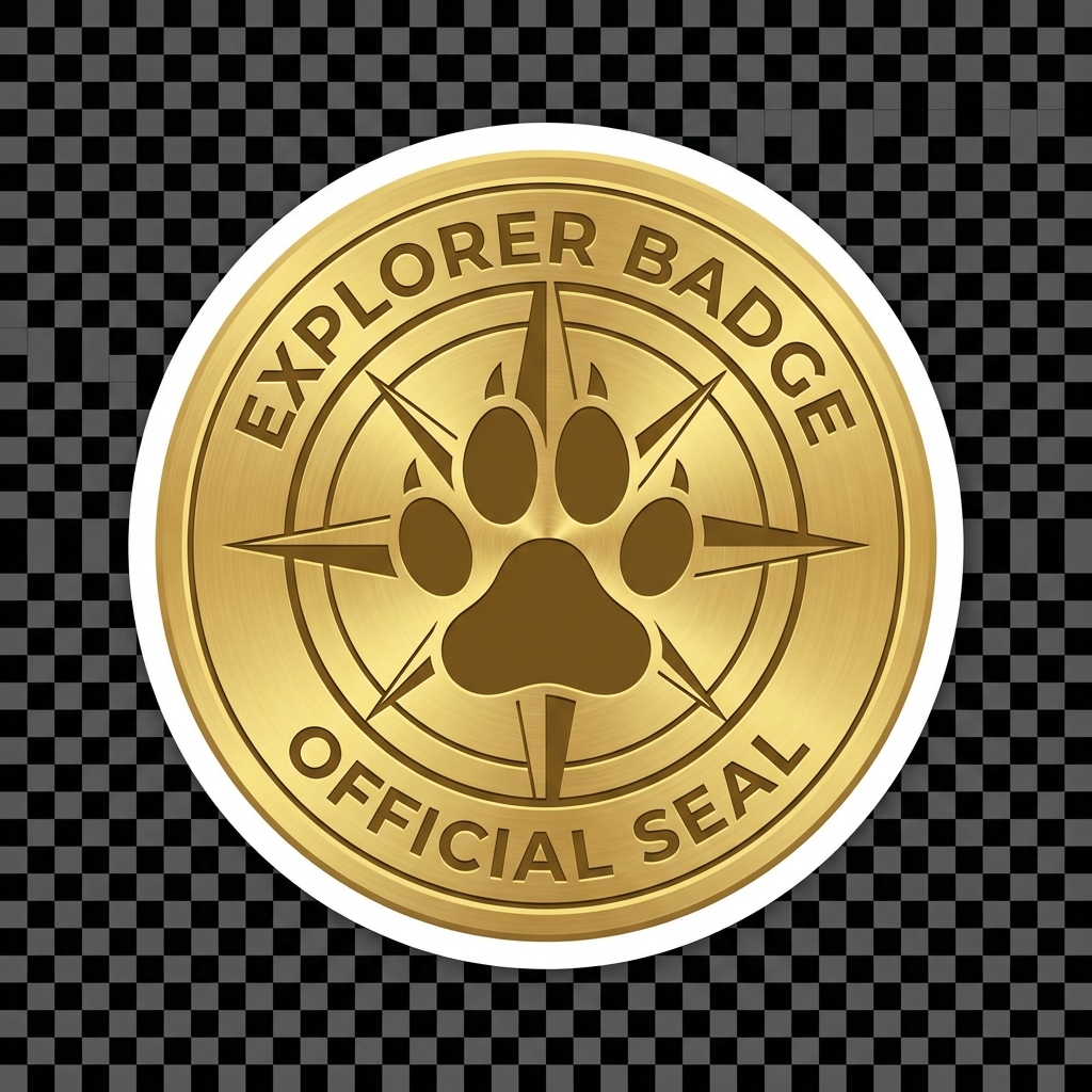 gold explorer badge sticker with a paw print in the middle, vector art