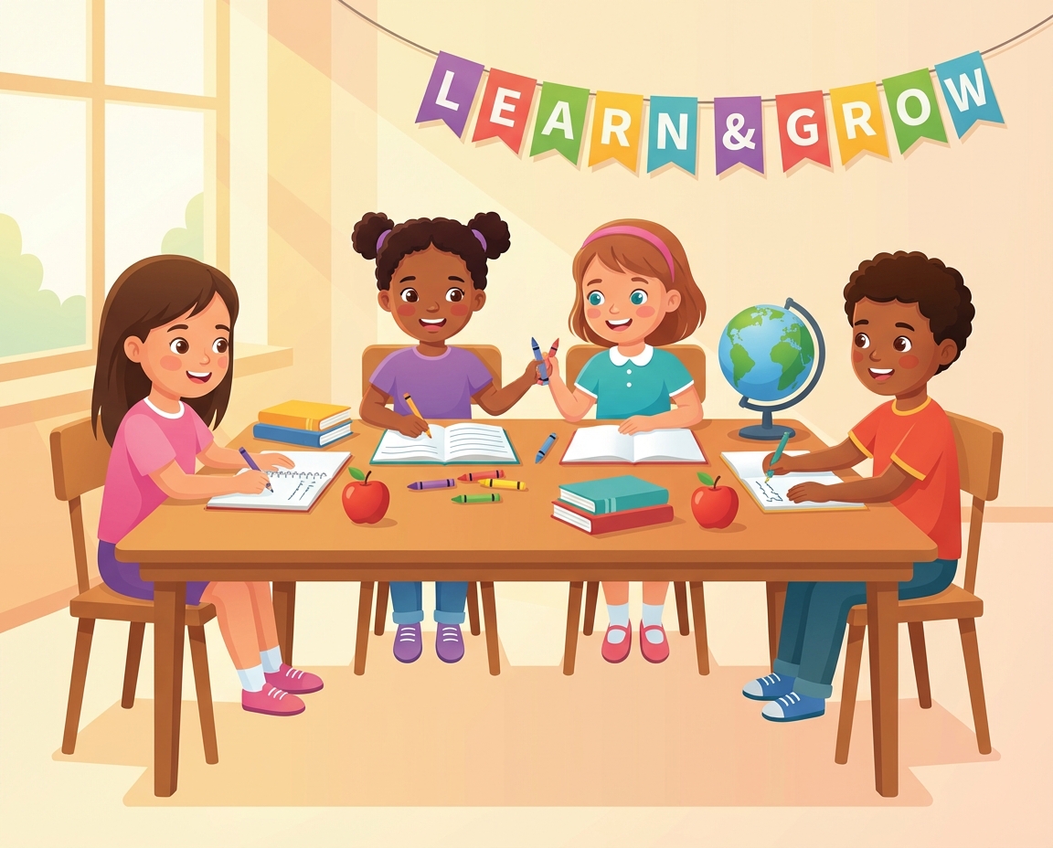 Kids doing homework writing in notebooks, education concept, happy atmosphere, vector illustration