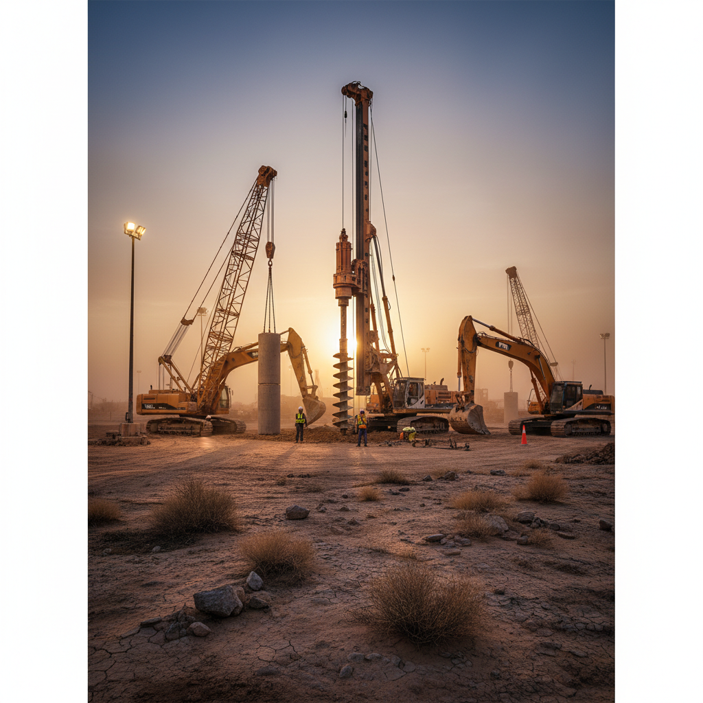 Deep foundation piling work construction site dusty desert