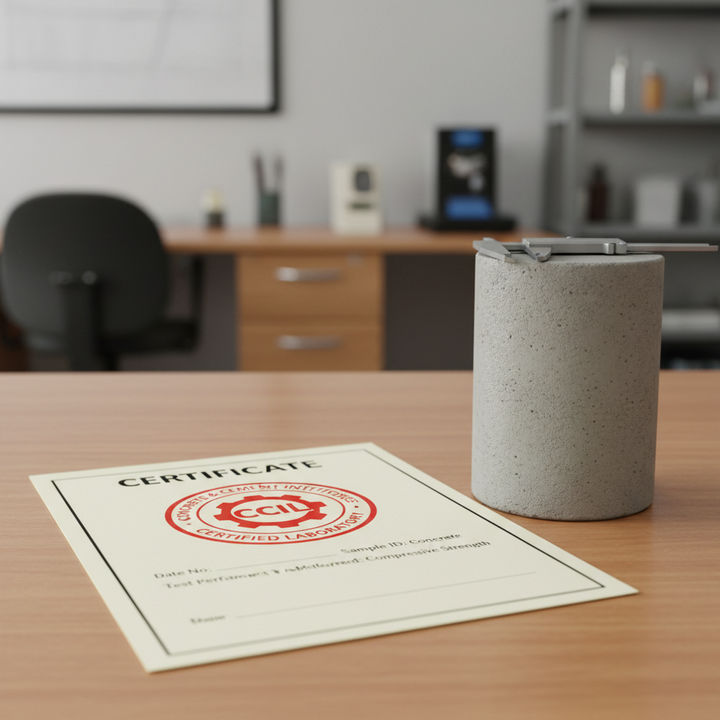 Lab certificate document with CCIL stamp on a desk next to concrete test cylinder
