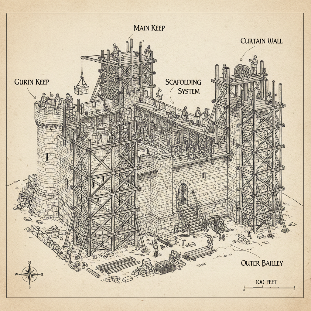 Construction of medieval stone castle, scaffolding, workers, 13th century, architectural drawing style