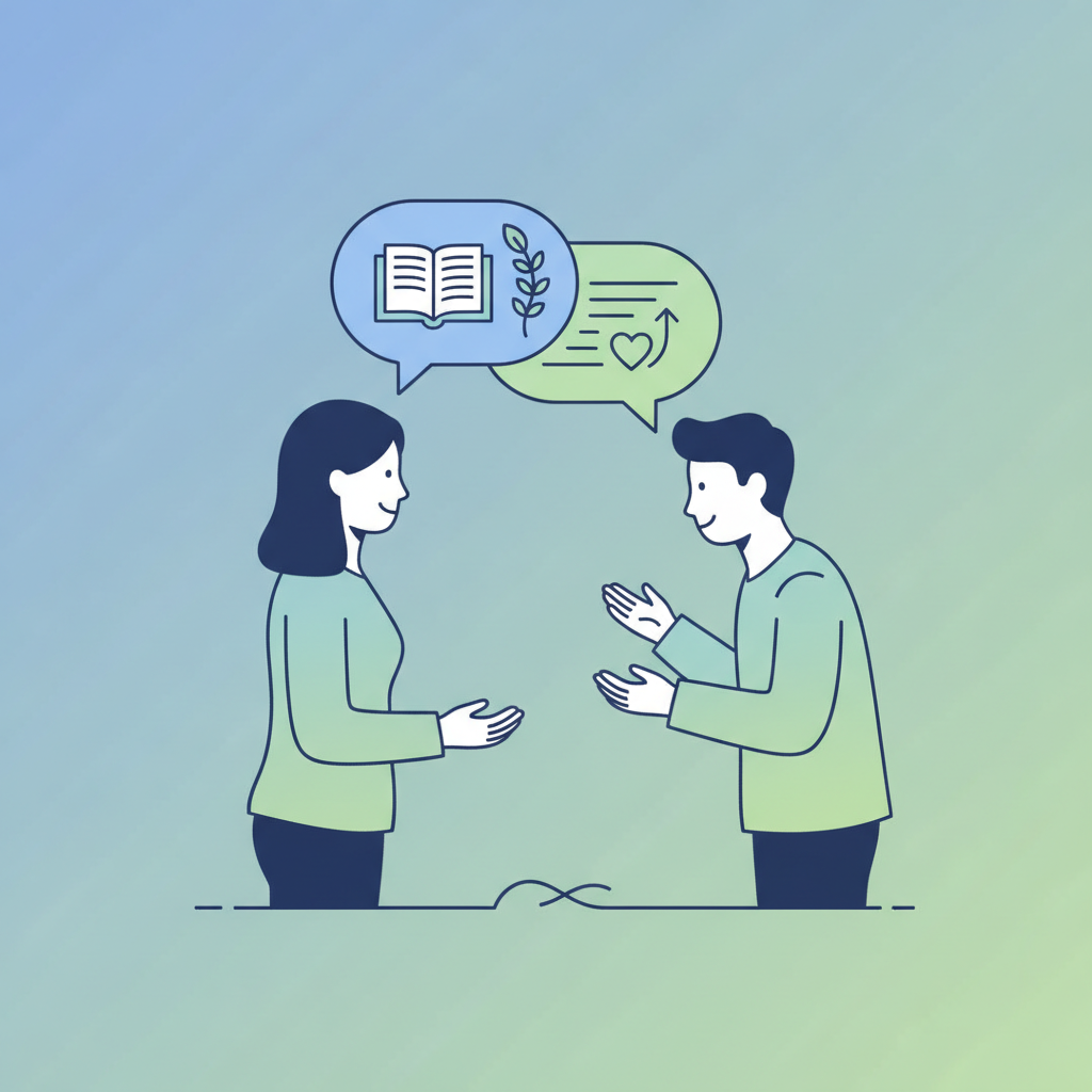iconography of two people talking with speech bubbles, representing counseling, clean vector style
