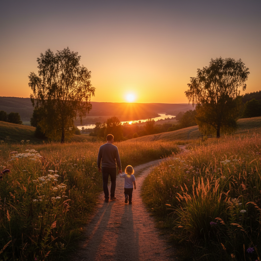 Soft focus background photo of a parent holding a child's hand walking away into a warm sunset, symbolizing the journey ahead. Nature setting.