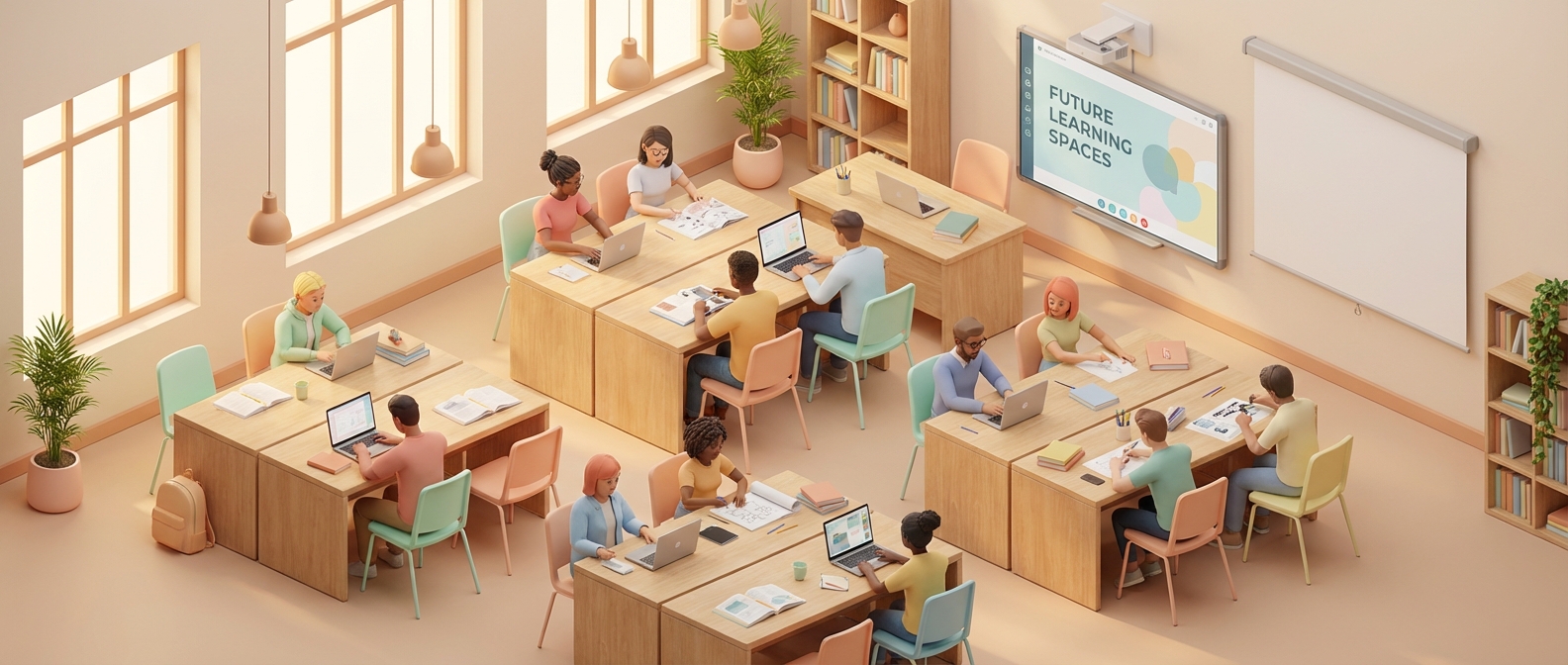 Isometric view of a modern university classroom, diverse students studying, warm lighting, pastel colors, 3d render
