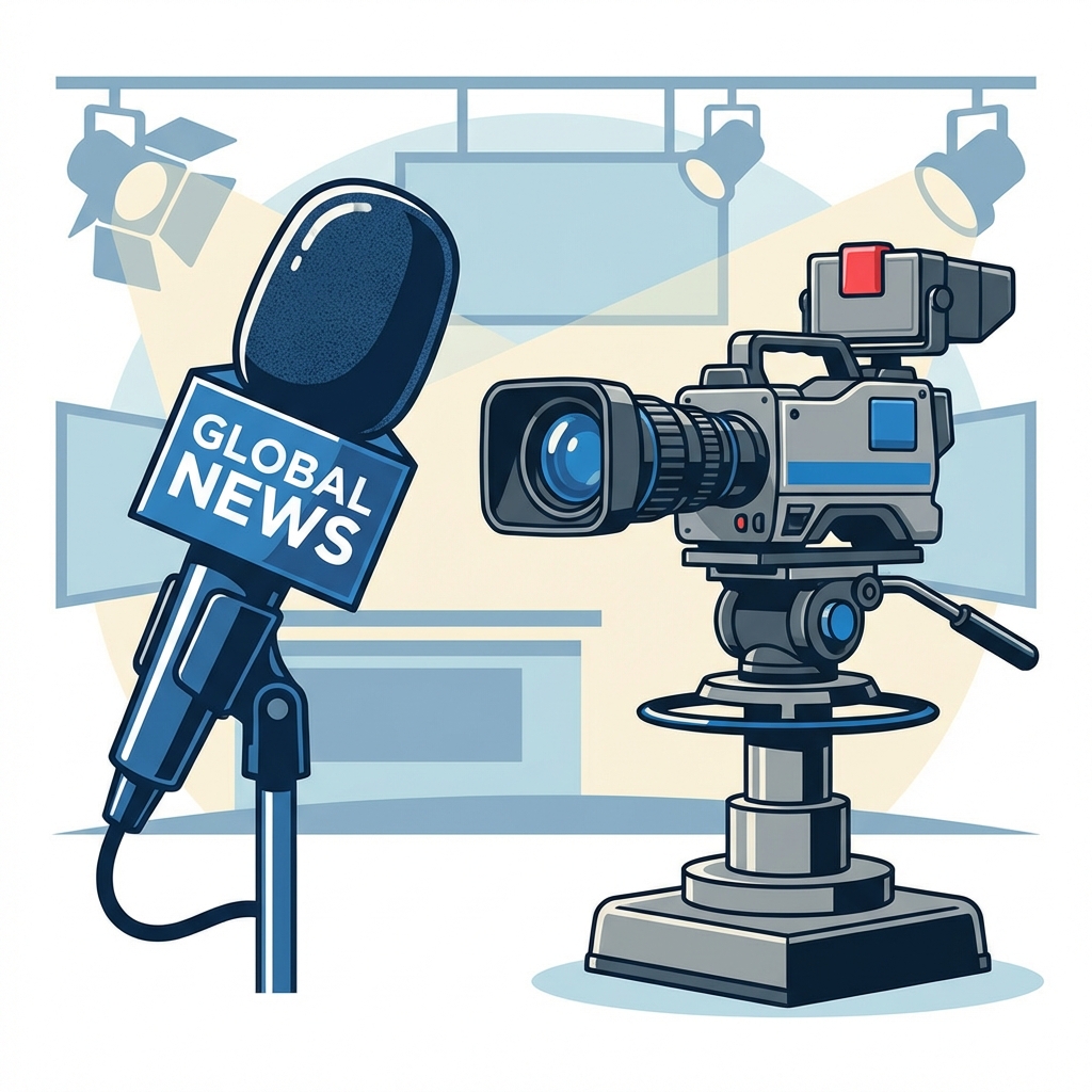 Illustration of a TV news microphone and a camera