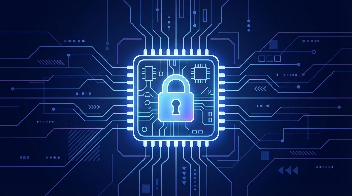 Abstract digital illustration of a microcontroller chip with a lock symbol overlay, dark blue technical background, schematic lines