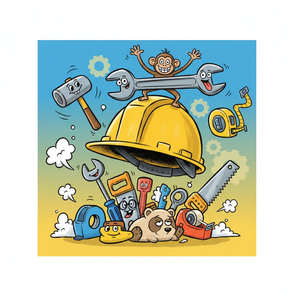 cartoon construction hat and tools, funny style