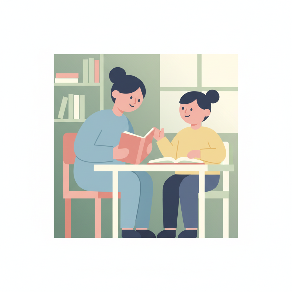 minimalist illustration of a teacher and young student talking nicely at a desk, scandinavian flat design style, pastel colors