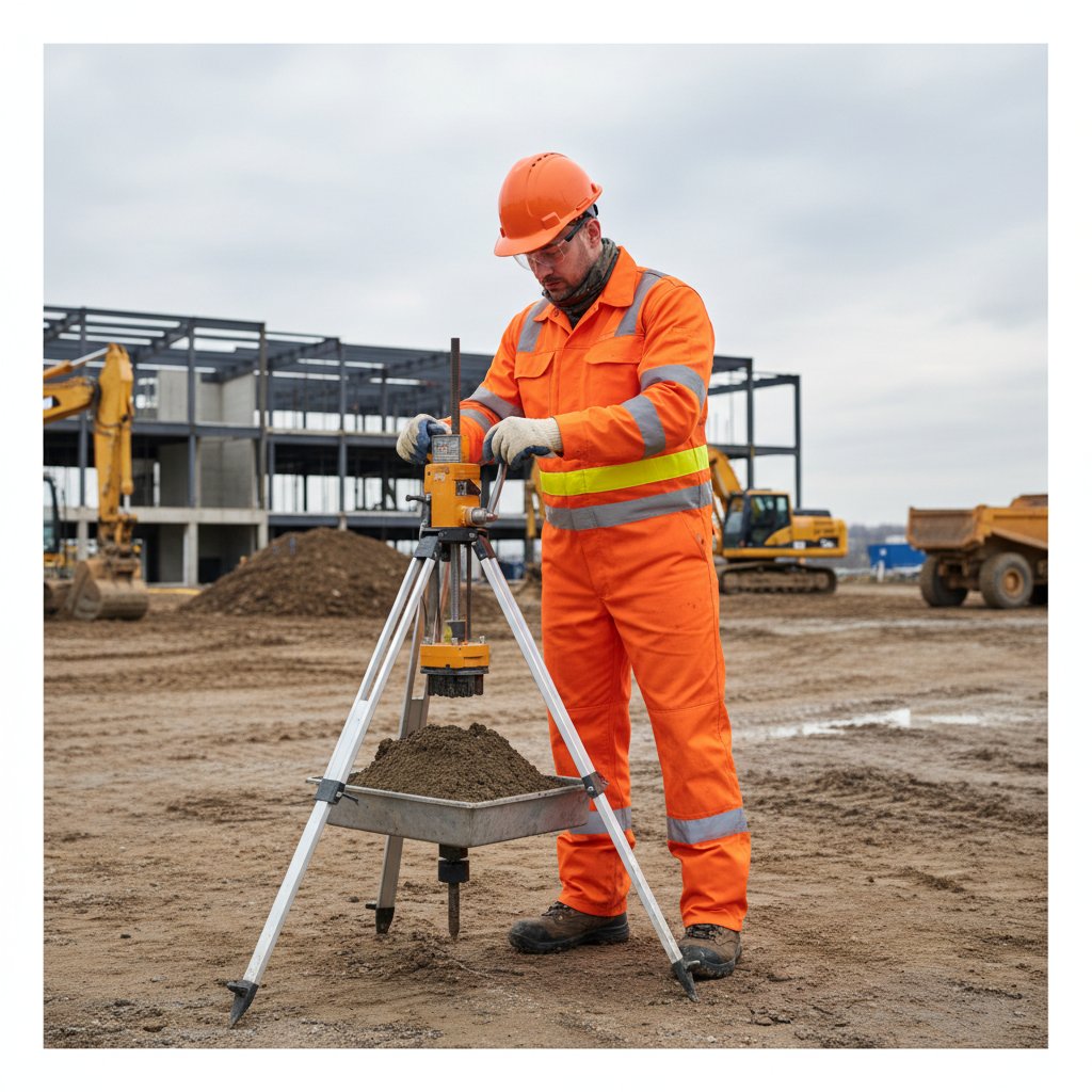 geotechnical technician in full orange PPE performing soil material test outdoors, construction safety, helmet, safety glasses