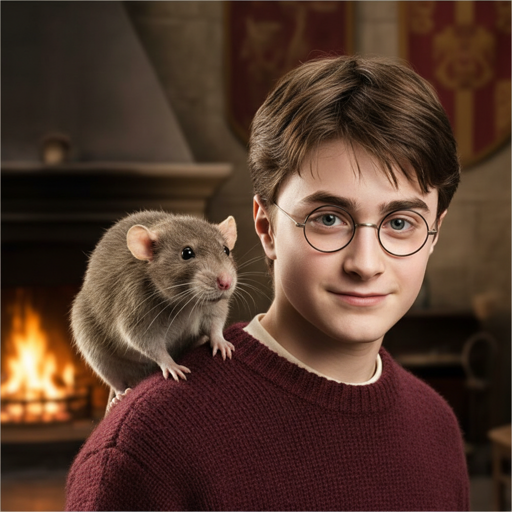 Scabbers the rat sitting on a shoulder Harry Potter