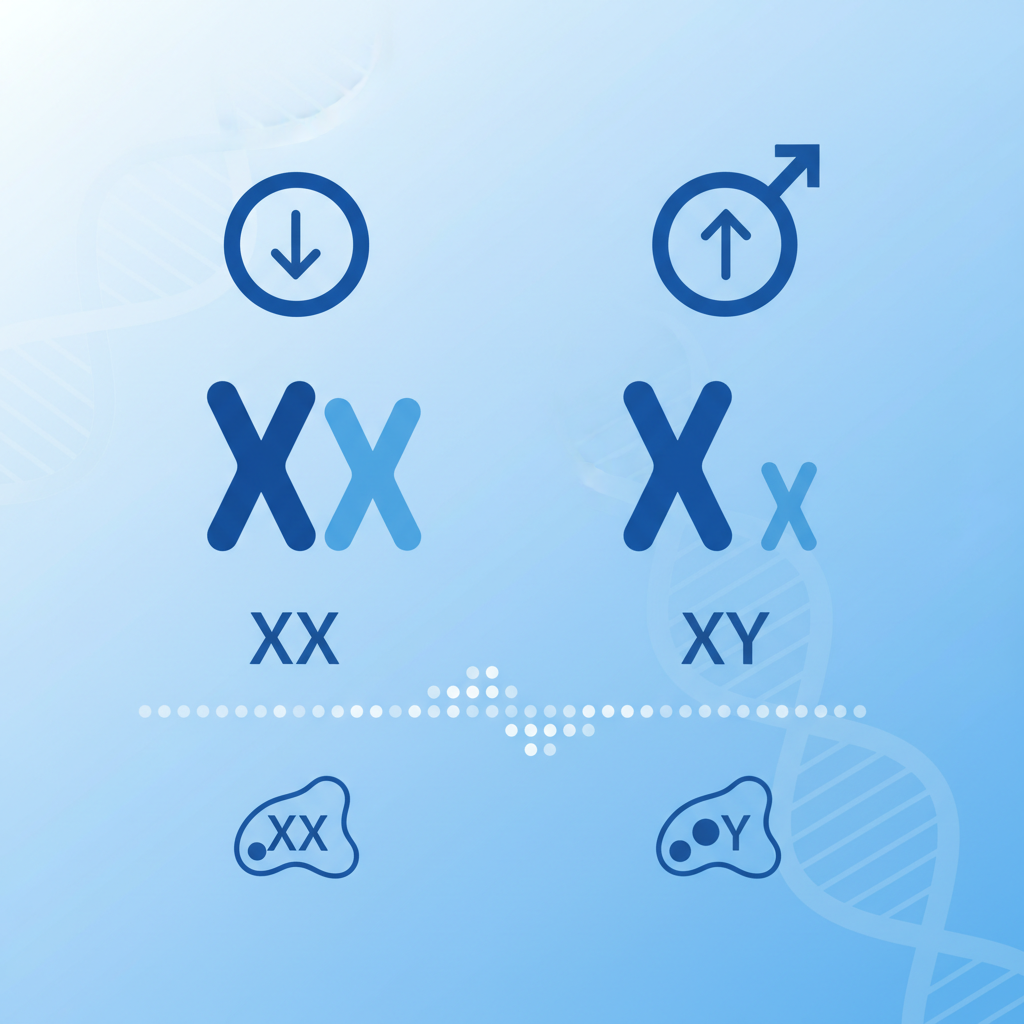 Medical illustration showing comparison icons for female vs male genetics, minimalist blue style.