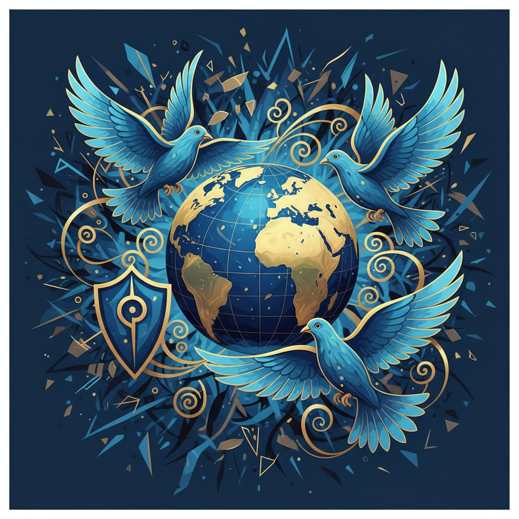abstract illustration of peace doves protecting the globe from chaos, blue and gold style