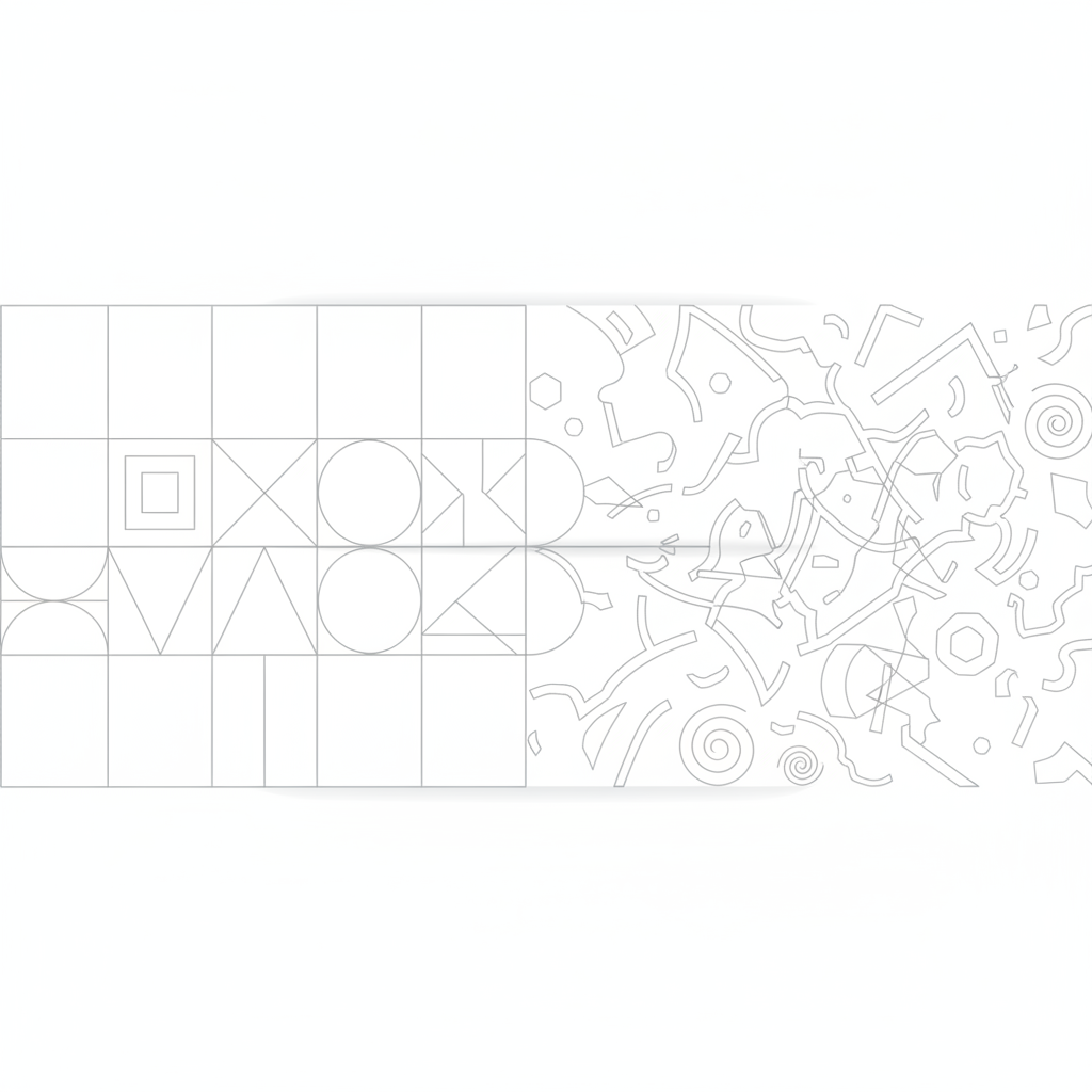 abstract minimalist illustration of order versus chaos, geometric shapes, white background, light grey lines