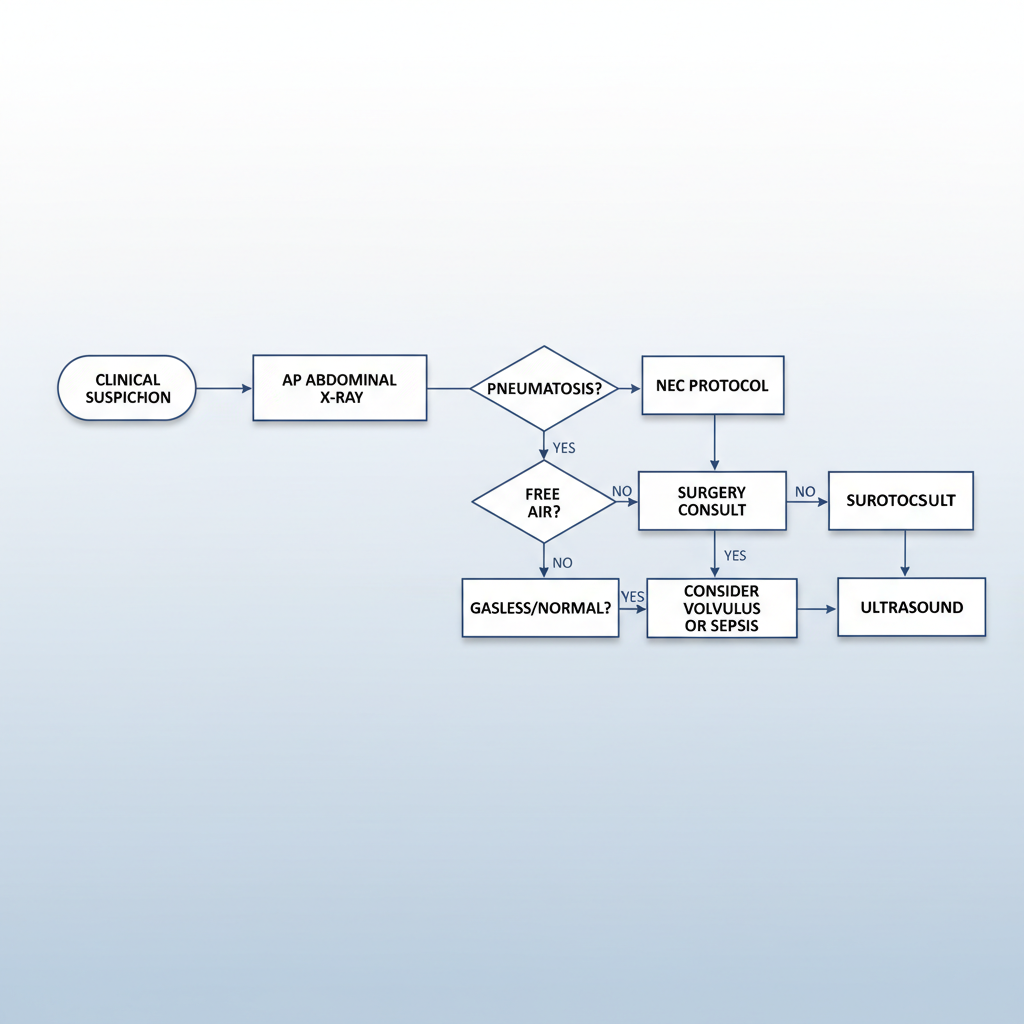 Flowchart diagram: Clinical Suspicion -> AP Abdominal X-Ray. If Pneumatosis -> NEC Protocol. If Free Air -> Surgery Consult. If Gasless/Normal -> Consider Volvulus or Sepsis -> Ultrasound.