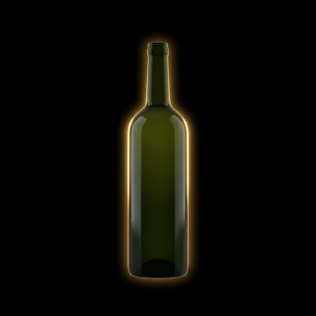 Elegant dark green bottle isolated on black background with rim lighting, mystique luxury