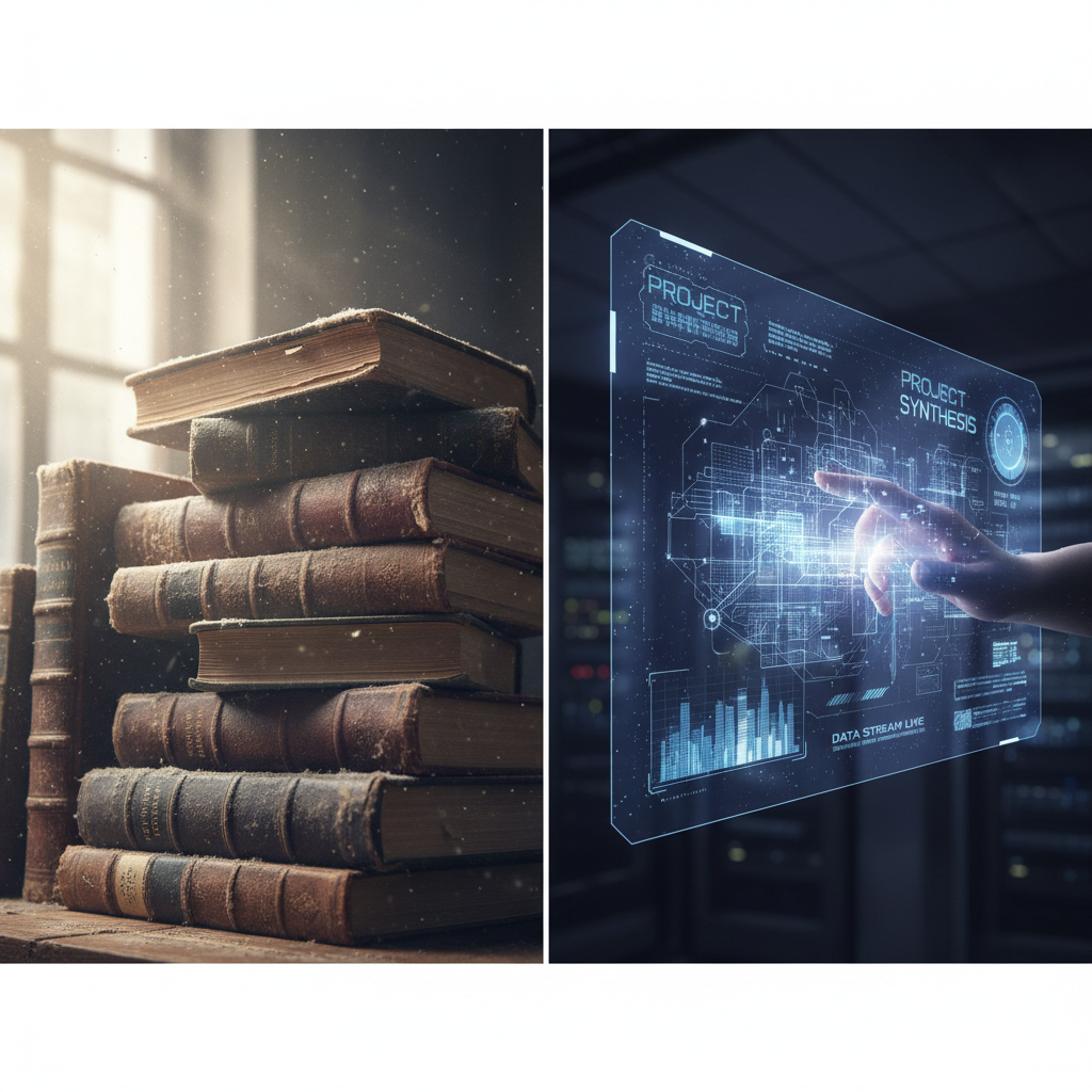 Split composition: Left side dusty library books, Right side futuristic holographic project interface, high contrast, 4k resolution