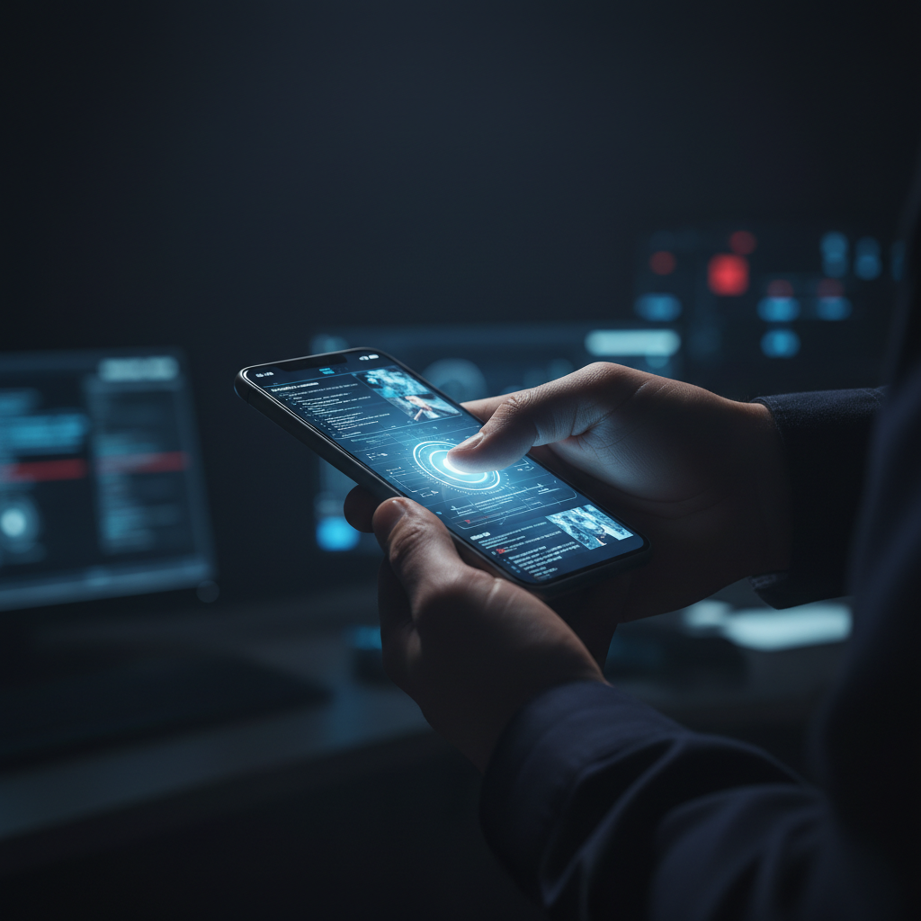 Police officer inspecting a smartphone in a person's hand, dark moody lighting, surveillance concept