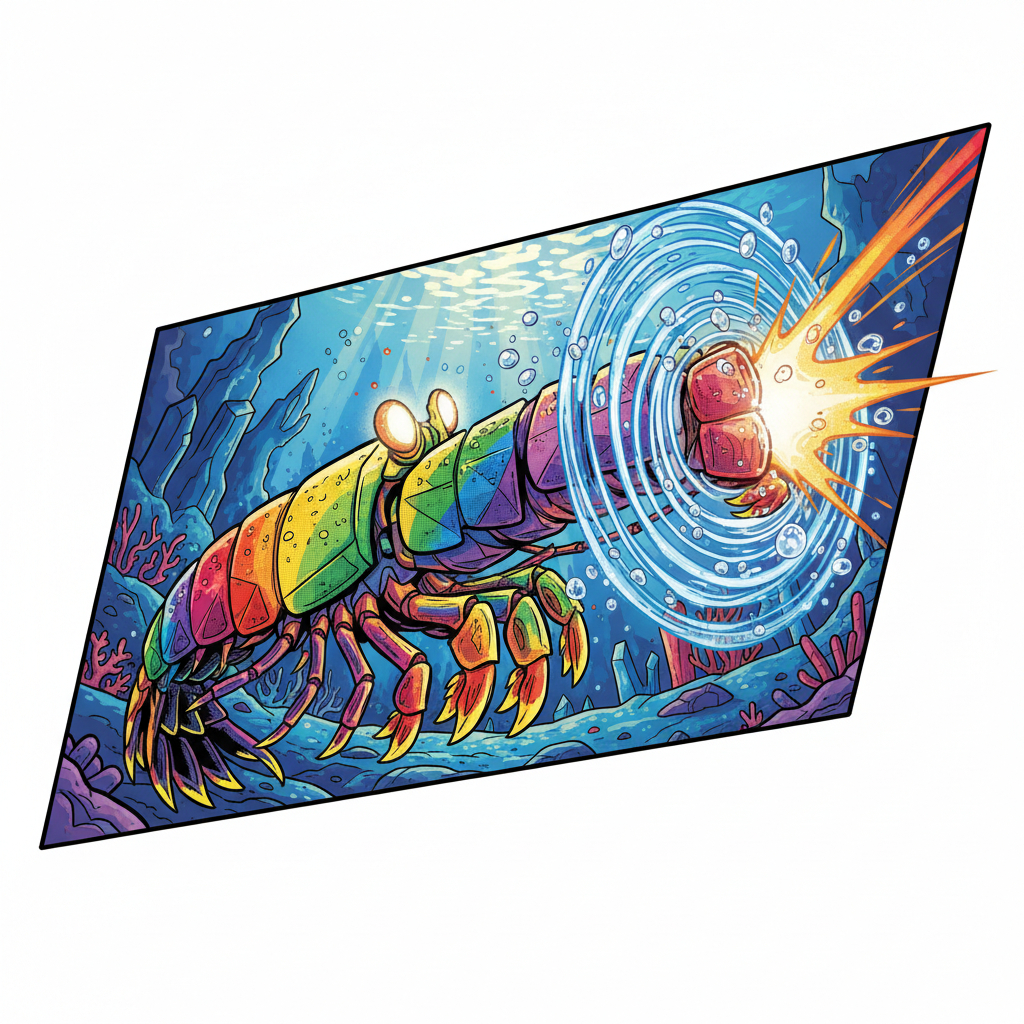 Rainbow colored Mantis Shrimp punching the water creating a shockwave, comic book style