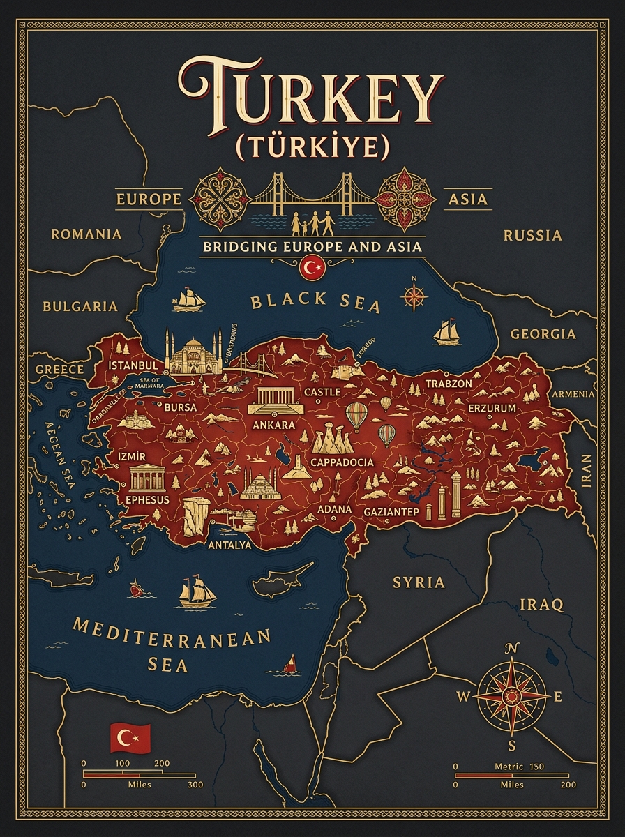 Beautiful Illustrated Map of Turkey