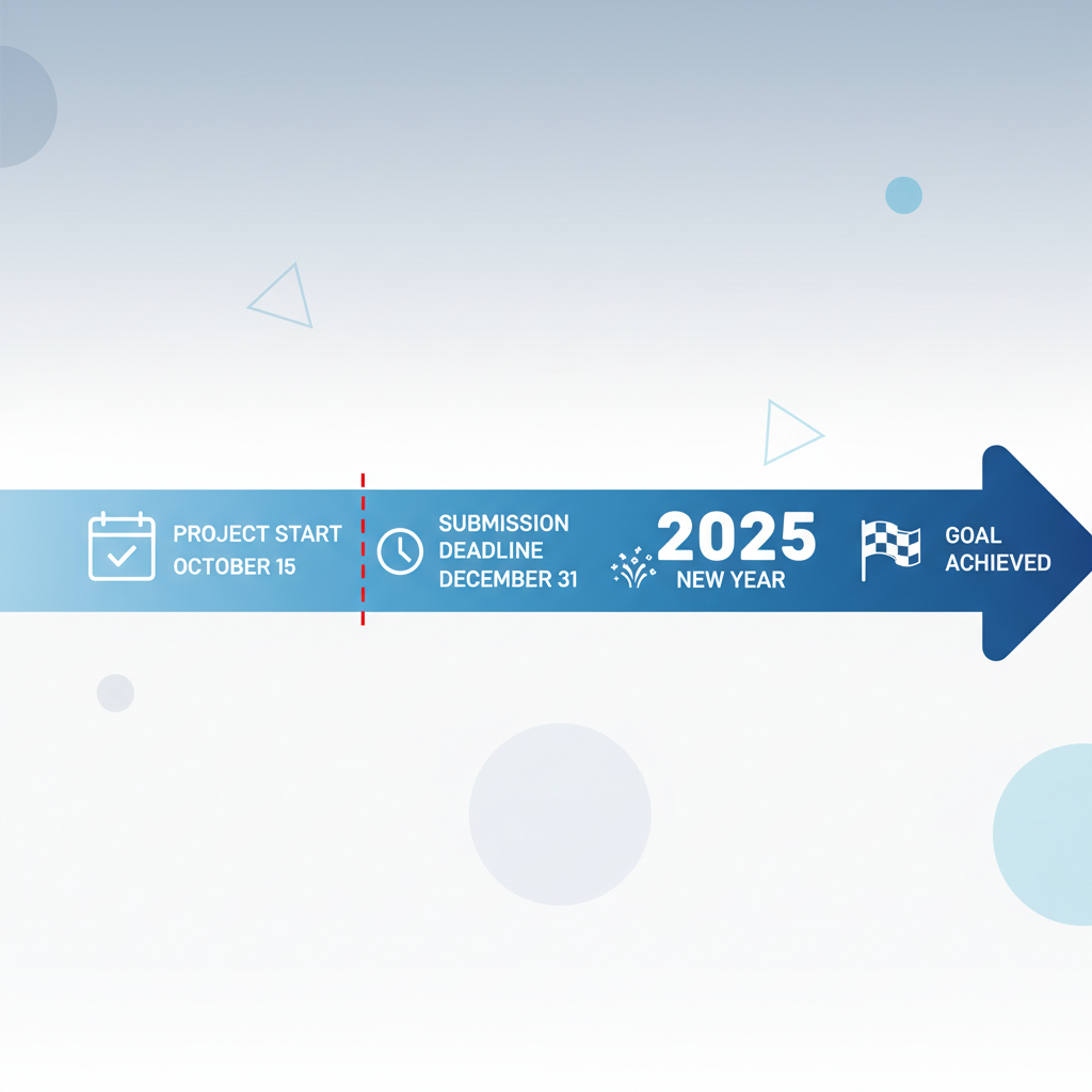 infographic timeline showing a deadline before the start of a year, minimalistic flat design, arrow pointing to finish line