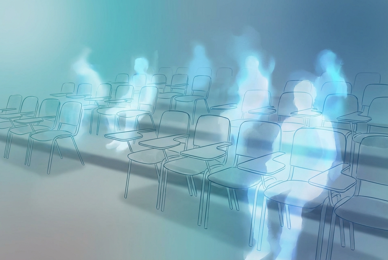 abstract concept of empty chairs in a lecture hall, cool tones, illustrative style, symbolizing absence